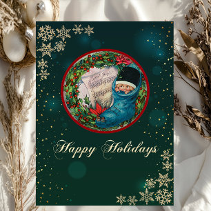 Vintage Christmas Stocking Kid, Snowflakes Green  Holiday Card