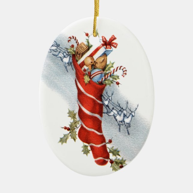Vintage Christmas Stocking with Toys Ceramic Ornament (Front)