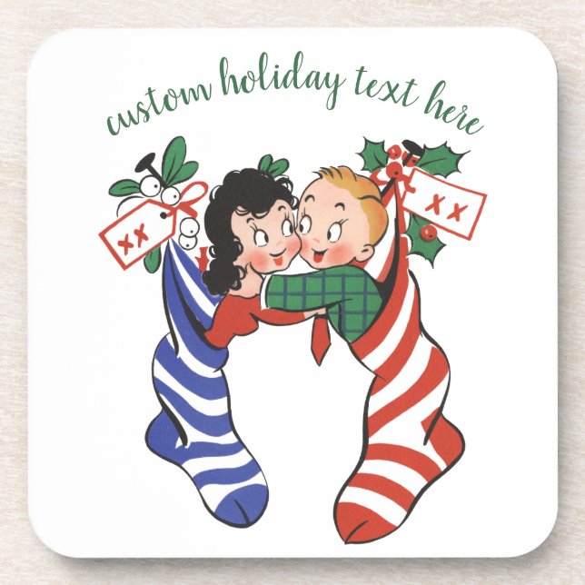 Vintage Christmas Stockings with Cute Children Coaster (Front)