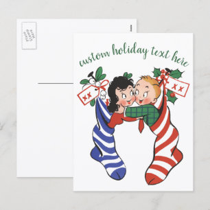 Vintage Christmas Stockings with Cute Children Holiday Postcard