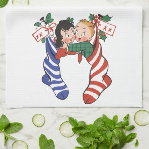 Vintage Christmas Stockings with Cute Children Kitchen Towel