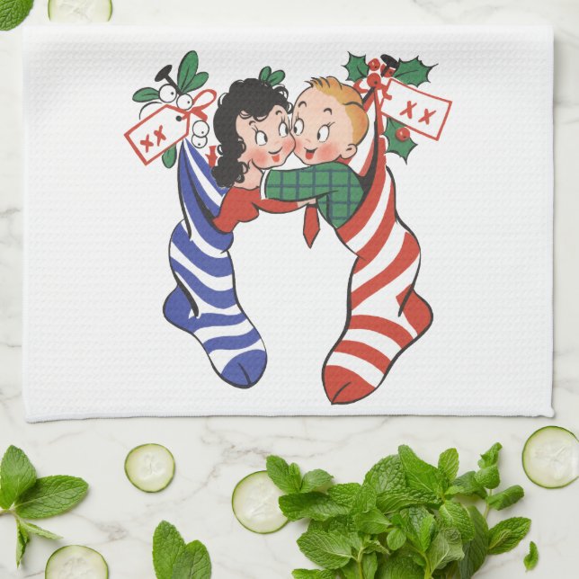 Vintage Christmas Stockings with Cute Children Kitchen Towel (Folded)