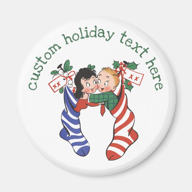 Vintage Christmas Stockings with Cute Children Magnet (Front)