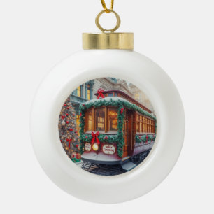 Vintage Christmas Streetcar in Snow Ceramic Ball Christmas Ornament