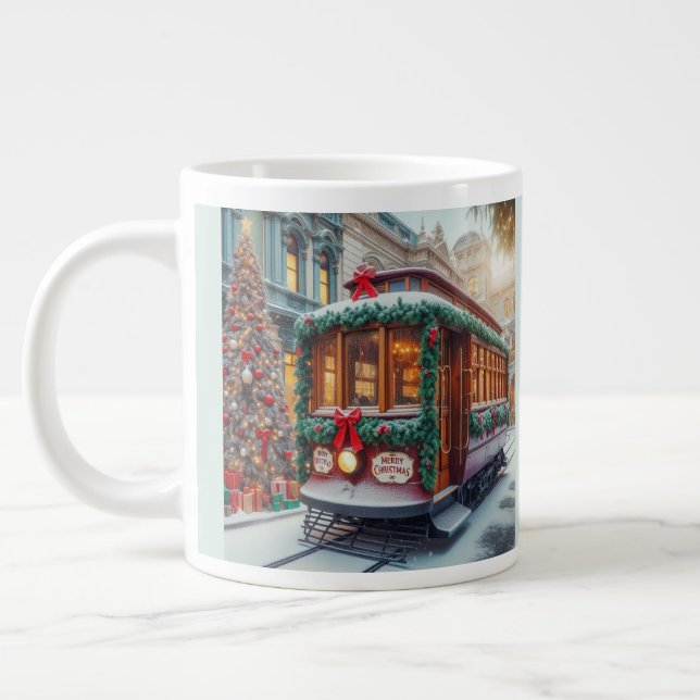 Vintage Christmas Streetcar in Snow Large Coffee Mug (Left)