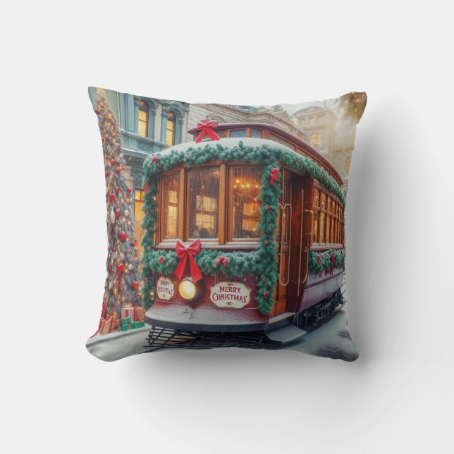 Vintage Christmas Streetcar in Snow Throw Pillow (Front)