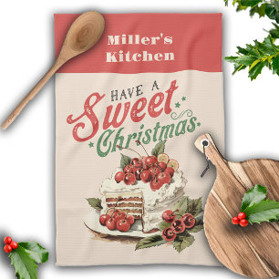 Vintage Christmas Sweet Cake Custom Name Kitchen Towel