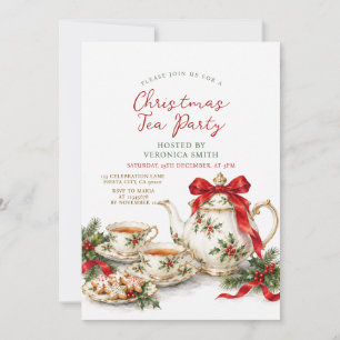 Vintage Christmas Tea Party Red Bow Floral Invitation
