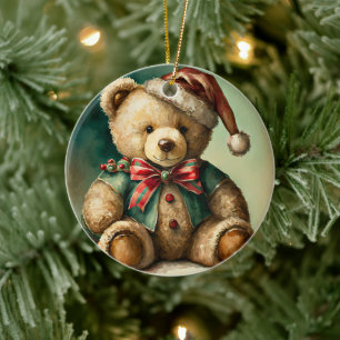 Vintage Christmas Teddy bear Ceramic Ornament