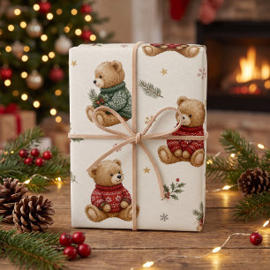 Vintage Christmas Teddy Bears Holiday Wrapping Paper Sheet