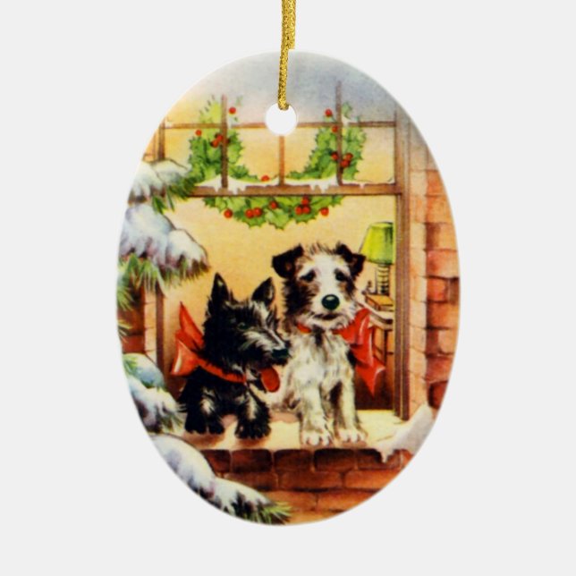 Vintage Christmas Terrier Dog Ceramic Ornament (Front)
