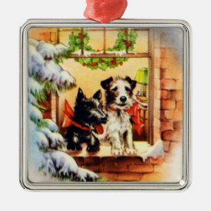Vintage Christmas Terrier Dog Metal Ornament