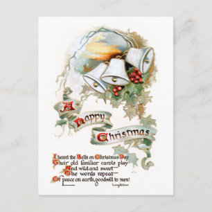 Vintage Christmas Text, Bells and Holly Festival Postcard
