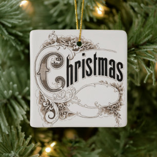 Vintage Christmas Text with Ornate Border Ceramic Ornament