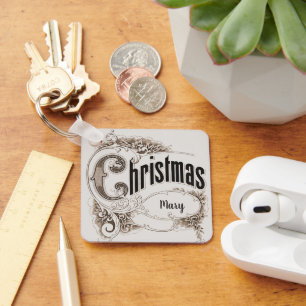 Vintage Christmas Text with Ornate Border Keychain