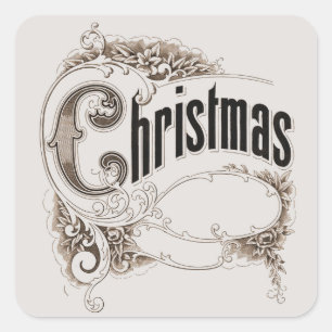 Vintage Christmas Text with Ornate Border Square Sticker