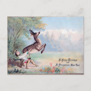 Vintage Christmas: The Leaping Fawn & Boy Postcard