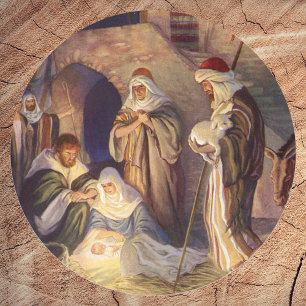 Vintage Christmas, Three Shepherds and Baby Jesus Classic Round Sticker