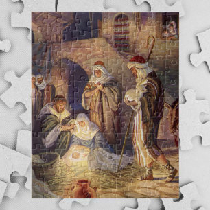 Vintage Christmas, Three Shepherds and Baby Jesus Jigsaw Puzzle