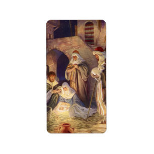 Vintage Christmas, Three Shepherds and Baby Jesus Label