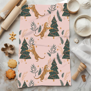  "Vintage Christmas Tiger with Christmas Tree Pink Kitchen Towel