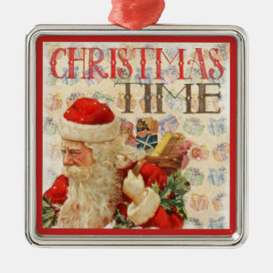 Vintage Christmas Time Santa Claus Metal Ornament