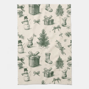 Vintage Christmas Toile Forest Green Cream Pattern Kitchen Towel