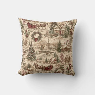 Vintage Christmas Toile Gift Wrap | Deer & Sleigh Throw Pillow
