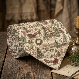 Vintage Christmas Toile Gift Wrap Deer & Sleigh Tie