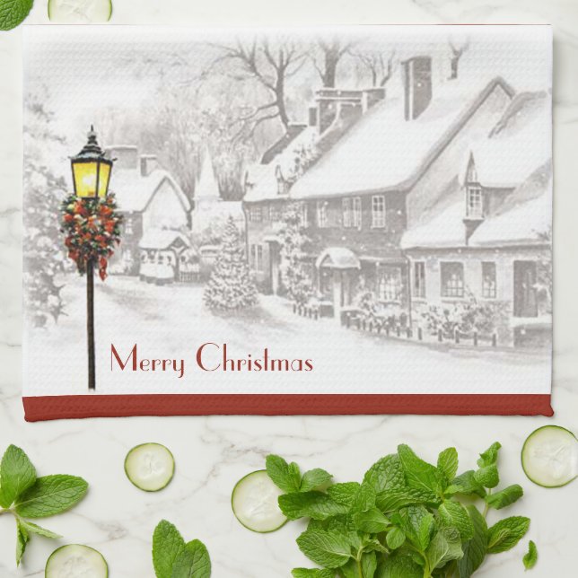 Vintage Christmas Town Kitchen Towel (Folded)