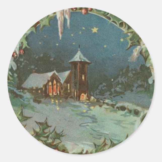 Vintage Christmas Town with Children Classic Round Sticker (Front)