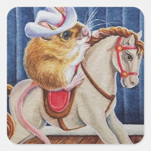 Vintage Christmas Toy Rocking Horse Mouse Art Square Sticker
