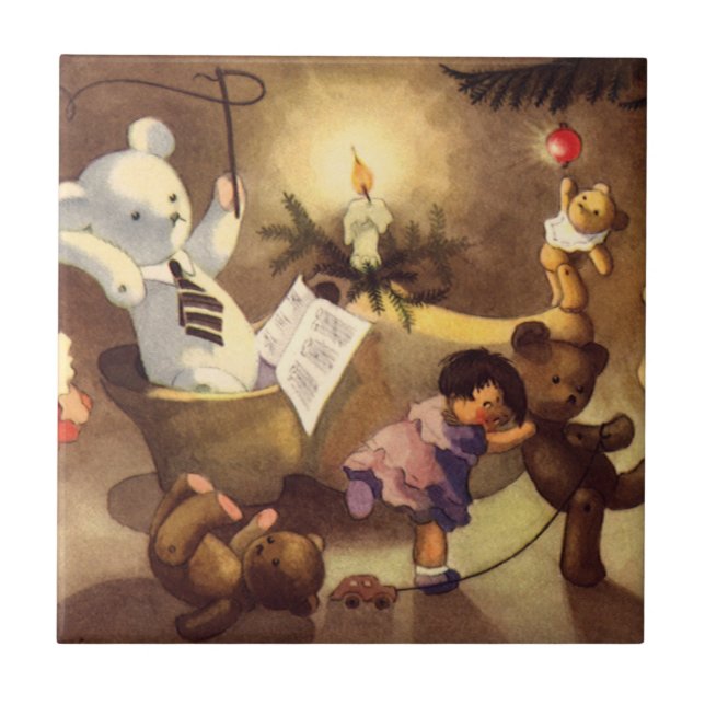 Vintage Christmas Toys, Dancing Dolls, Teddy Bears Tile (Front)