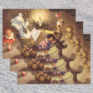 Vintage Christmas Toys, Dancing Dolls, Teddy Bears Wrapping Paper Sheet