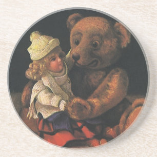 Vintage Christmas Toys, Doll and a Teddy Bear Coaster