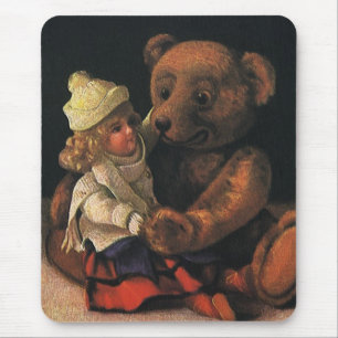 Vintage Christmas Toys, Doll and a Teddy Bear Mouse Pad