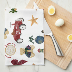 Vintage Christmas Toys Pattern Kitchen Towel