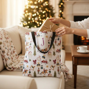 Vintage Christmas Toys Pattern Red Green Tote Bag