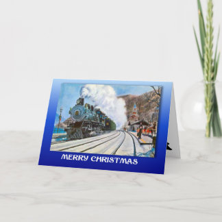 Vintage Christmas, Train in a snowy station Holiday Card
