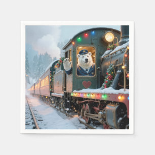 Vintage Christmas Train With Waving Polar Bear Napkin
