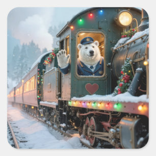 Vintage Christmas Train With Waving Polar Bear Square Sticker