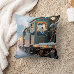 Vintage Christmas Train With Waving Polar Bear Throw Pillow