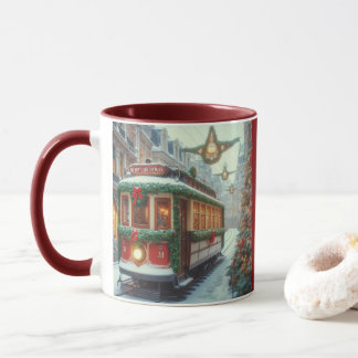 Vintage Christmas Tram in Snowy Town Mug