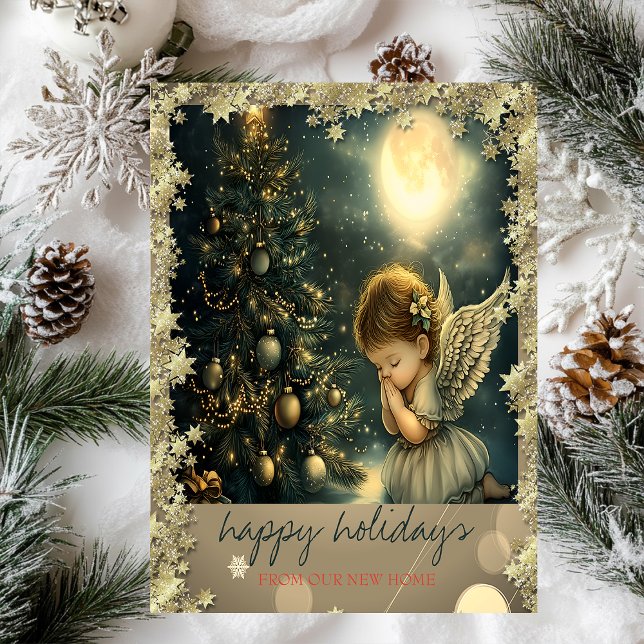 Vintage Christmas Tree Angel Stars Announcement Postcard (Creator Uploaded)