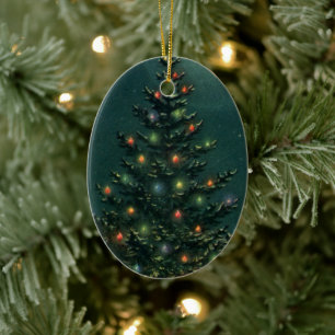 Vintage Christmas Tree at Night with Lights Ceramic Ornament