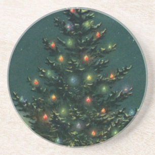 Vintage Christmas Tree at Night with Lights Coaster