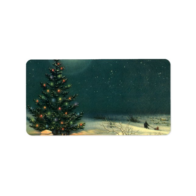 Vintage Christmas Tree at Night with Lights Label (Front)