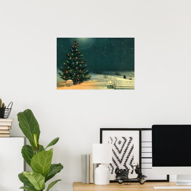 Vintage Christmas Tree at Night with Lights Poster (Home Office)