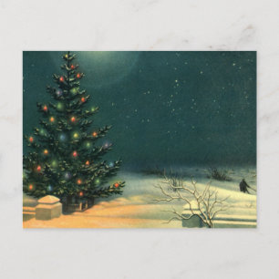 Vintage Christmas Tree at Night with Lights & Snow Holiday Postcard