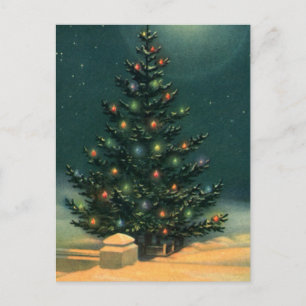 Vintage Christmas Tree at Night with Lights & Snow Holiday Postcard